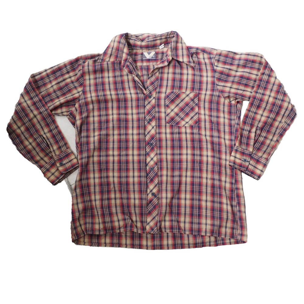 VTG Golden Vee Mens Button Up Shirt Long Sleeve Tan Red Plaid Rockabilly Sz L/XL